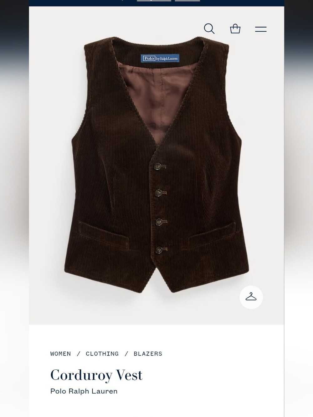 NWOT Polo RL Corduroy Vest Small